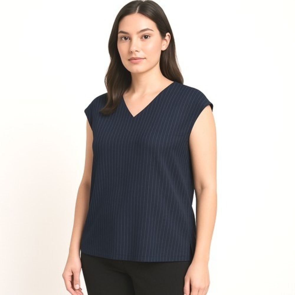 MM.LaFleur Pinstripe‎ Top Women +2 2X Navy Blue V-Neck Cap Sleeve Office Career